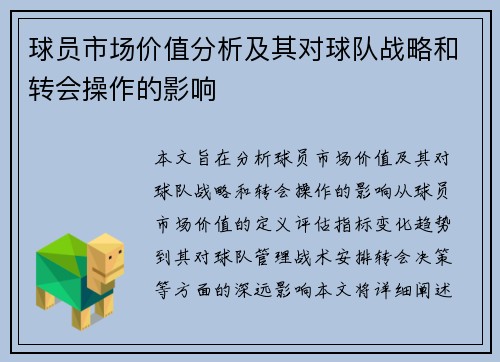 球员市场价值分析及其对球队战略和转会操作的影响 球员市场价值分析及其对球队战略和转会操作的影响
